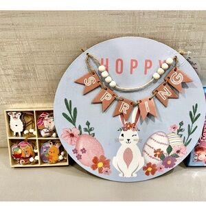 Hoppy Spring Easter Wall Sign + 12 Wooden Ornaments Set Bunny Eggs Floral Decor